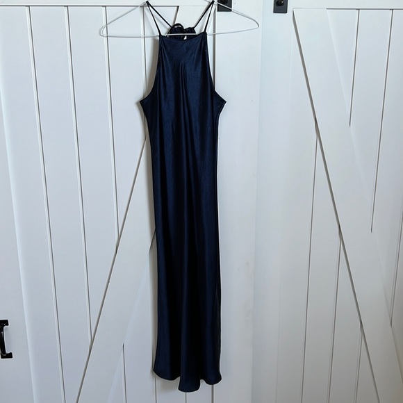 aritzia blue silk dress Aritzia Wilfred Women's Cannelle Satin Dress in Harbour Navy